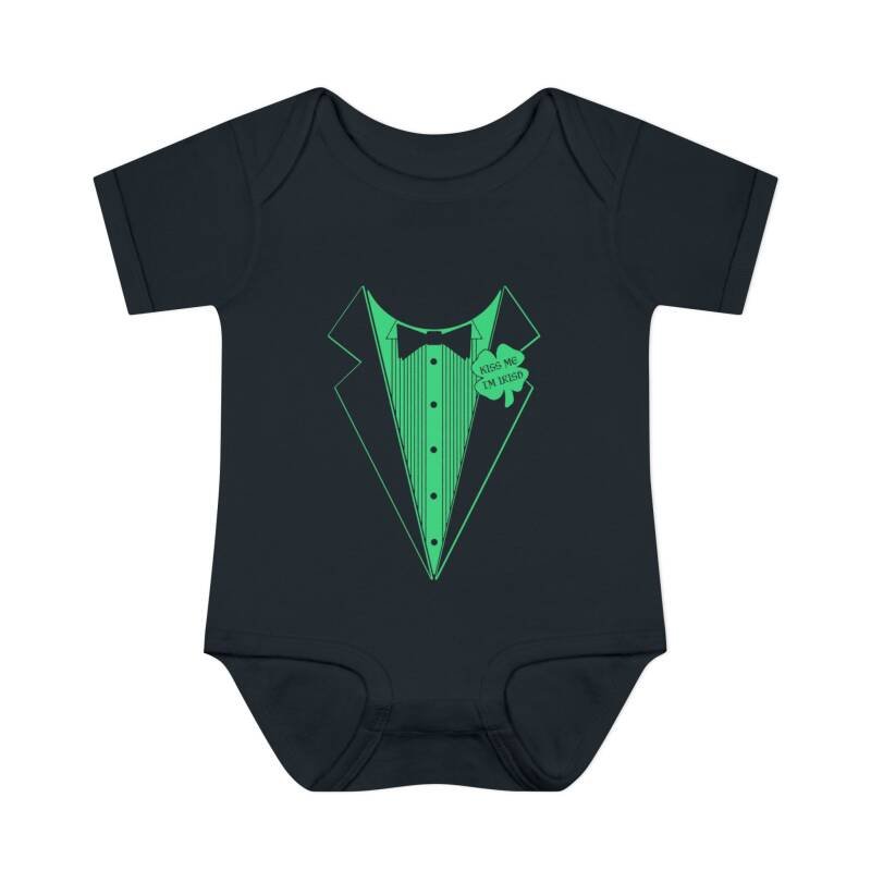 Kiss Me I’m Irish Baby Bodysuit – Funny Tuxedo One-Piece for St. Patrick’s Day