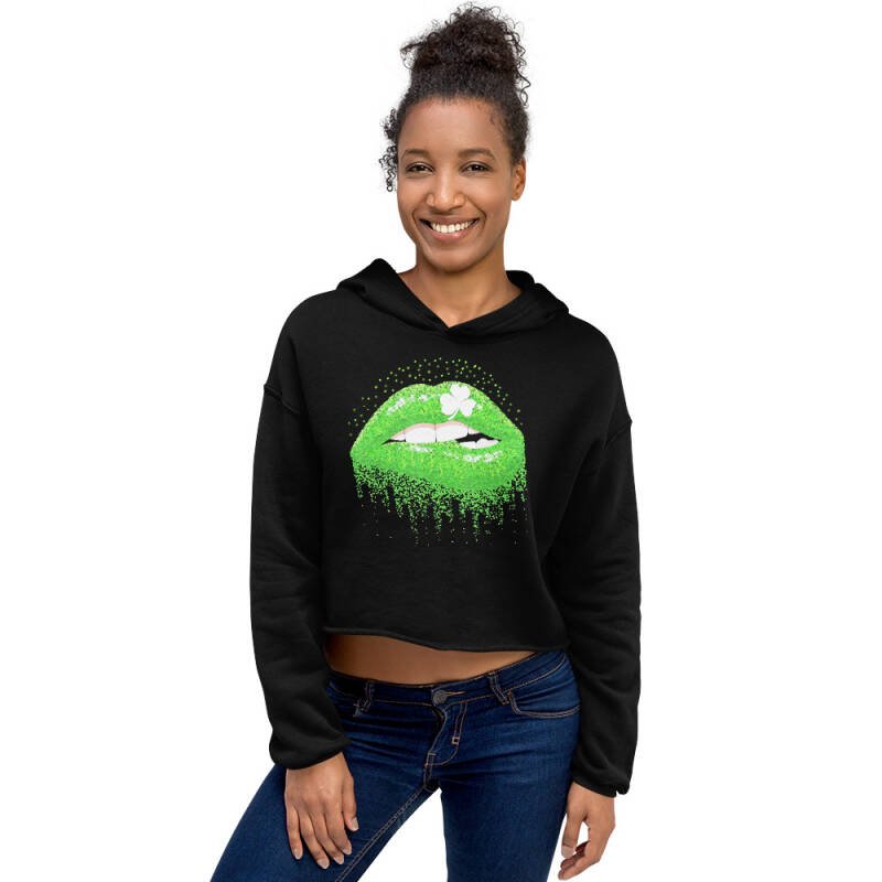 Biting Lip Shamrock Crop Hoodie – Sexy Green Pop Art Women’s Hoodie with Glitter & Irish Vibes