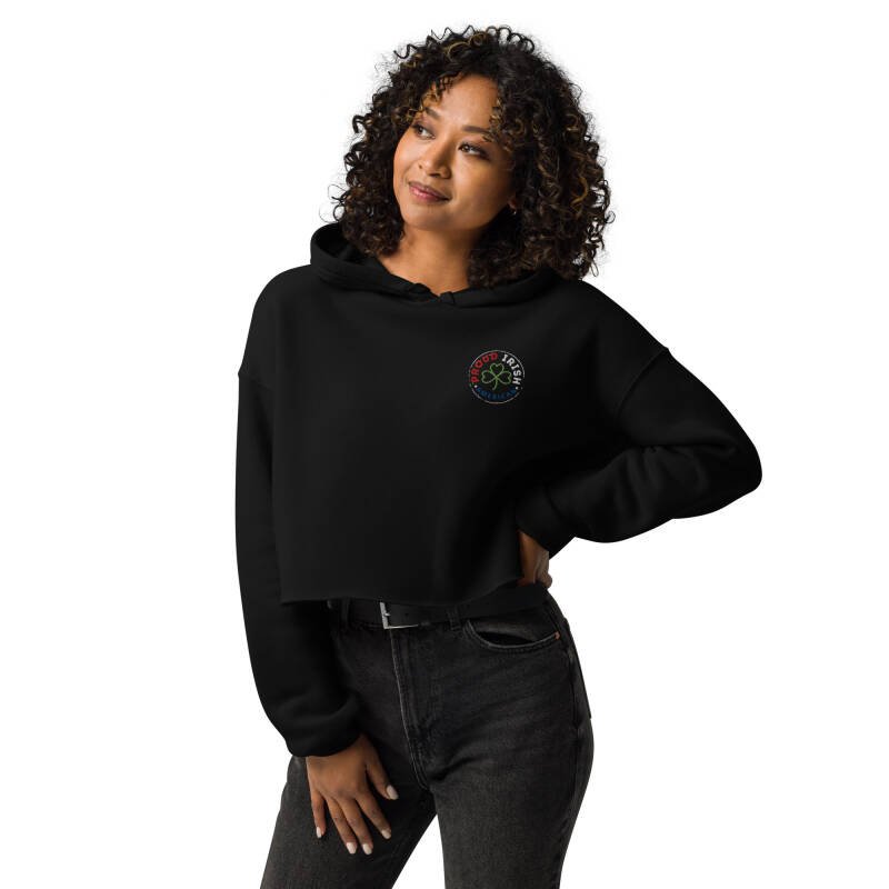 Proud Irish American Women’s Crop Hoodie – Embroidered Signature Logo Irish Heritage Style - Image 5