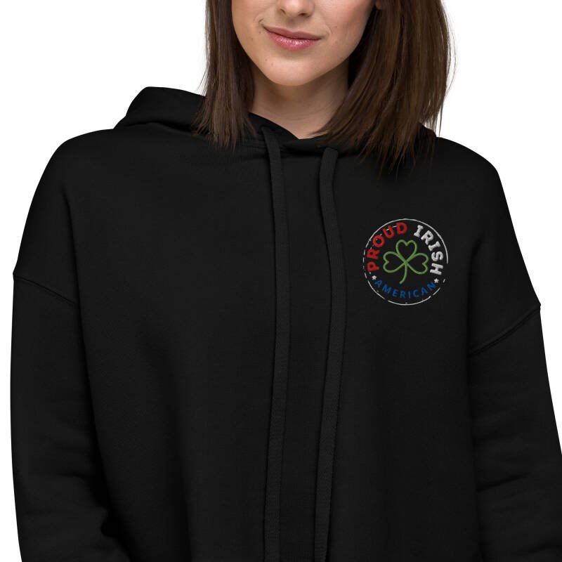 Proud Irish American Women’s Crop Hoodie – Embroidered Signature Logo Irish Heritage Style - Image 3